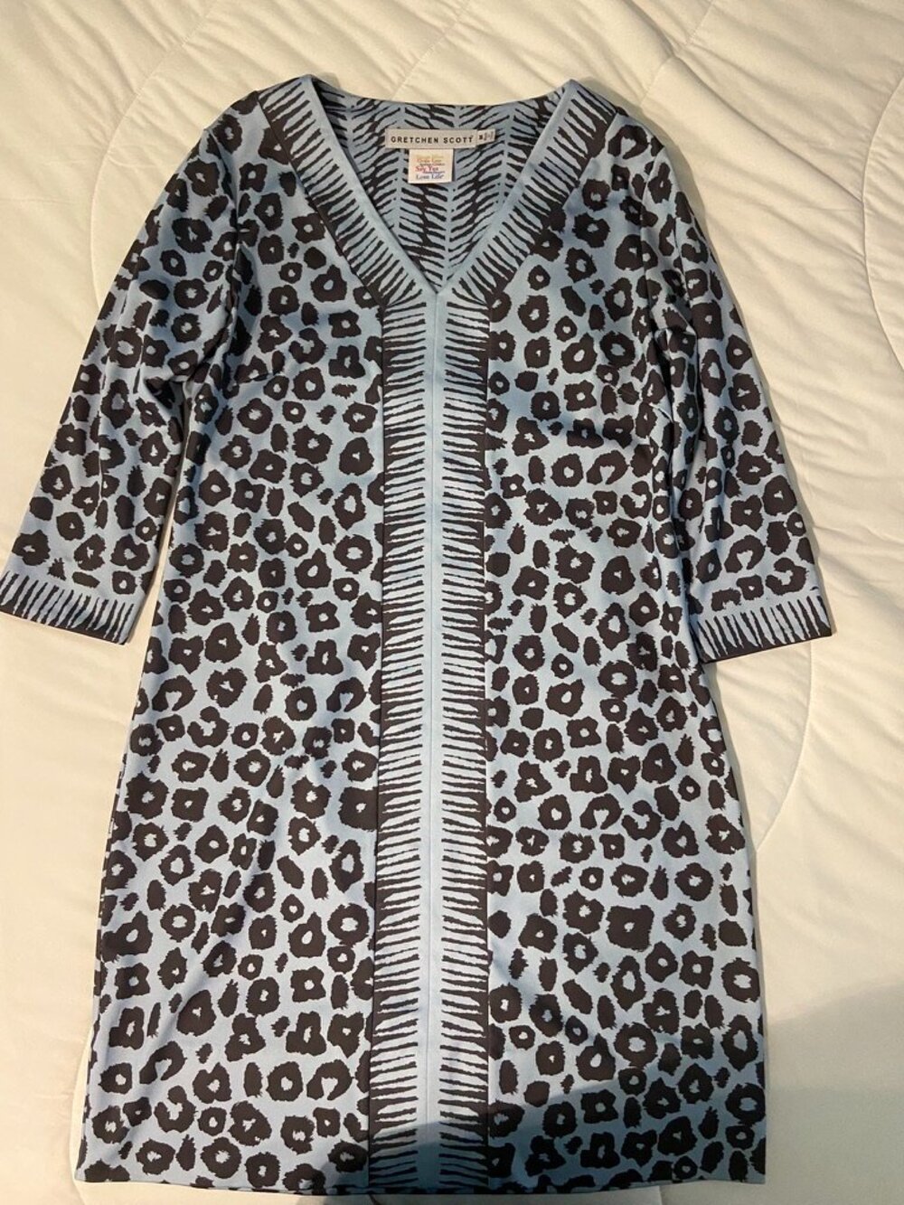 Gretchen Scott Sz M Wildcat Border Town Shift Dress Light Blue Leopard / Cheetah